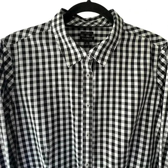 TALBOTS NWOT NO IRON SHIRT BUTTON FRONT BLACK WHITE GINGHAM COTTON | EXTRA LARGE - Picture 2 of 8